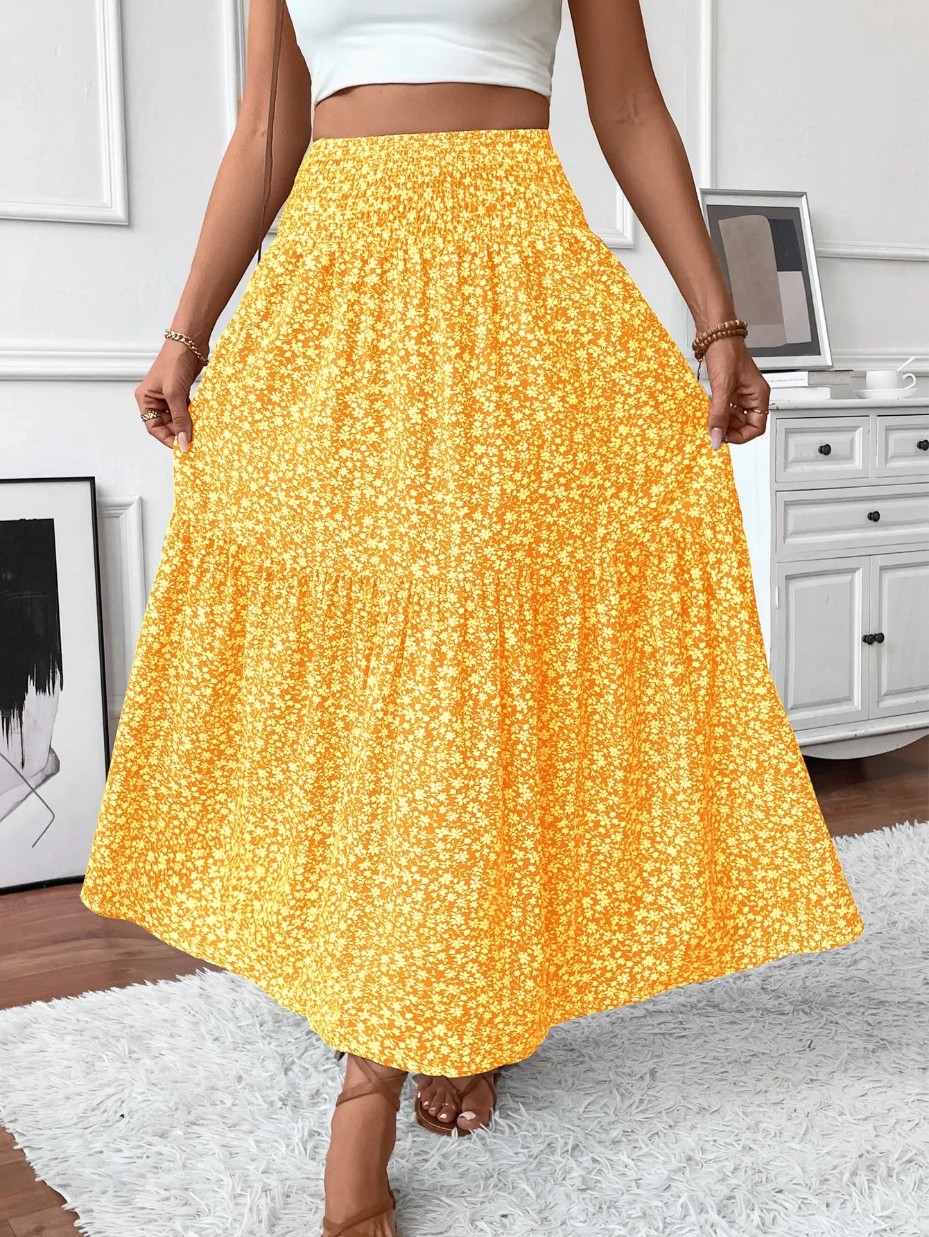 Women Floral Pleated Skirt – Retro High Waist Long Skirt for Stylish Casual Beach Wear