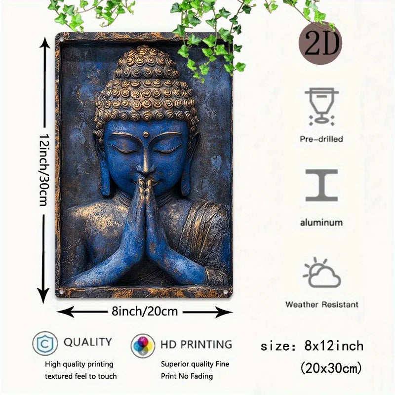 🌟 Blue Buddha Statue with Folded Hands – Vintage Aluminum Sign for Yacht, Living Room & Gym Décor | 8x12 inch | Free Shipping