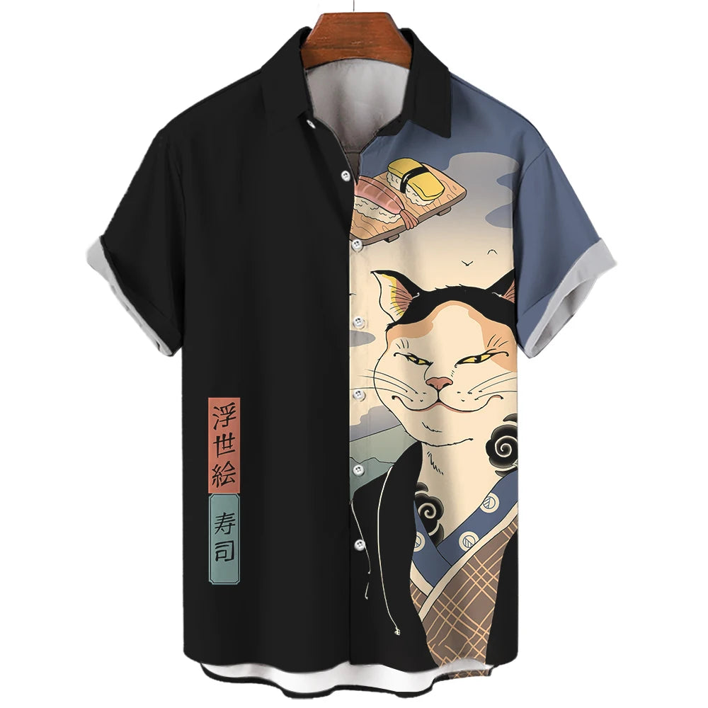 🐱⚔️The Samurai Neko Edition Premium Unisex 3D Printed Japanese Samurai Cat Shirt - High-Definition Bushido Feline Graphic Quick-Dry Hawaiian Beach Shirt, Breathable Urban-Streetwear Short-Sleeve Casual Apparel