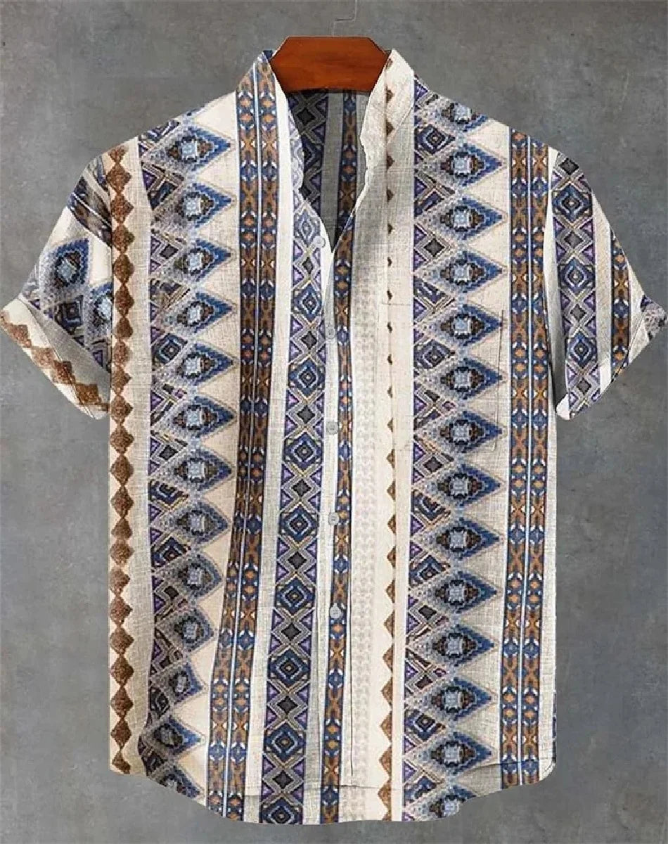 🌍 The Ethnic Heritage Edition: Premium Men’s Retro Linen Shirt – High-Definition Tribal Graphic Print, Breathable Organic Cotton-Linen Blend, and Sophisticated Modern-Fit Holiday Streetwear bkcs13