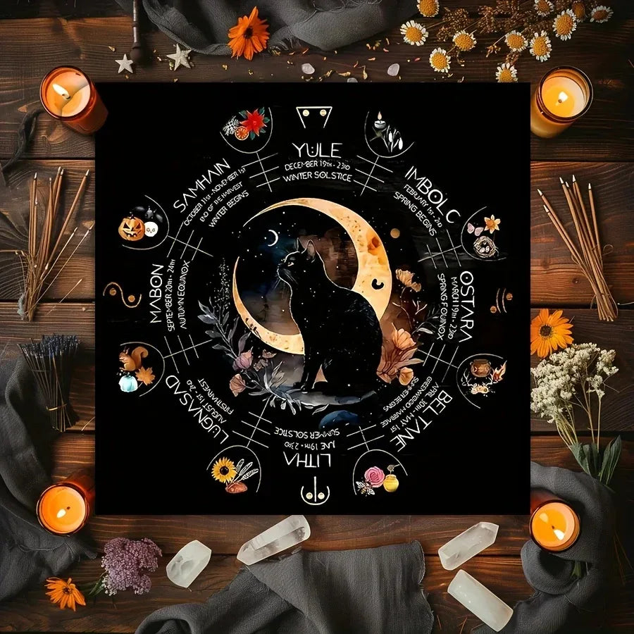 🐾Mysterious Witch Cat Tarot Tablecloth | Altar Cloth & Party Game Decoration – Mystical Home & Astrology Tablecloth