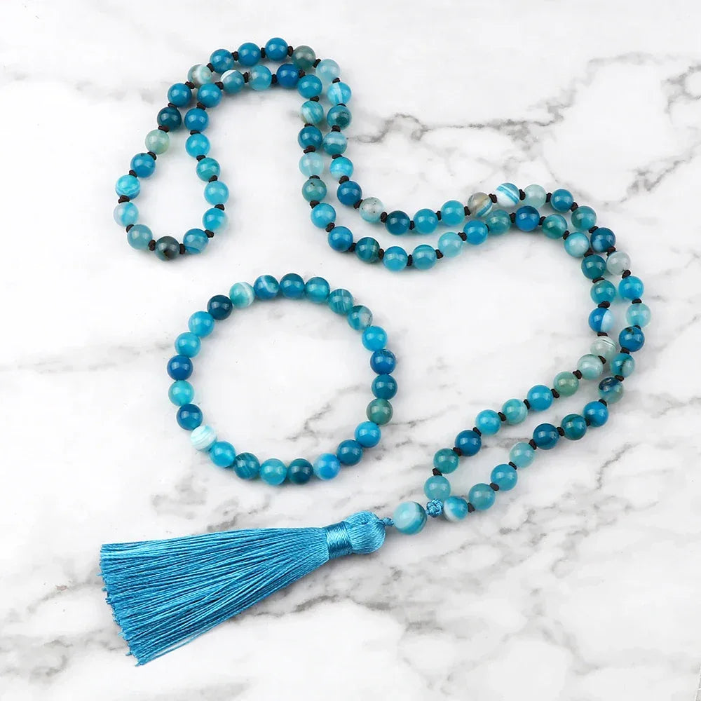 🐯 Natural Tiger Eye Stone Jewelry Set (Necklace & Bracelet): Healing Tassel Pendant & Sweater Chain – Confidence, Wealth & Protection Crystal for Women Blue Striped