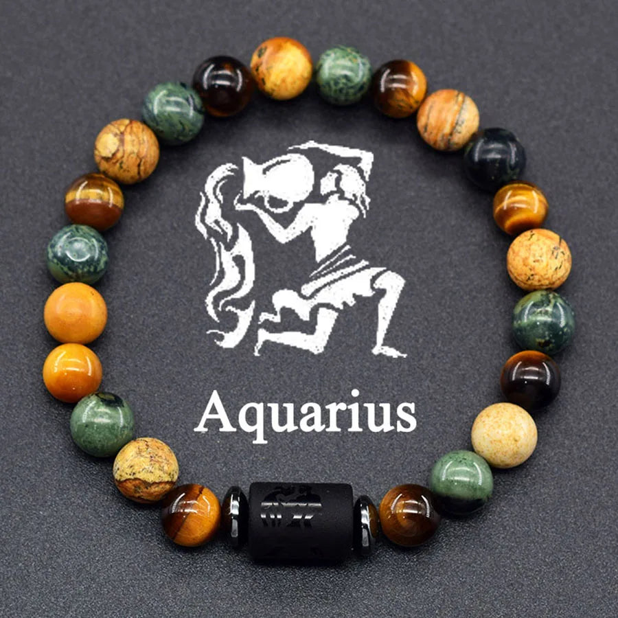 ✨ 12 Zodiac Sign Bracelet Homme – Natural Yellow Tiger Eye Stone & Hematite Constellation Bangle – Cancer, Taurus, Libra Astrology Bracelet for Women