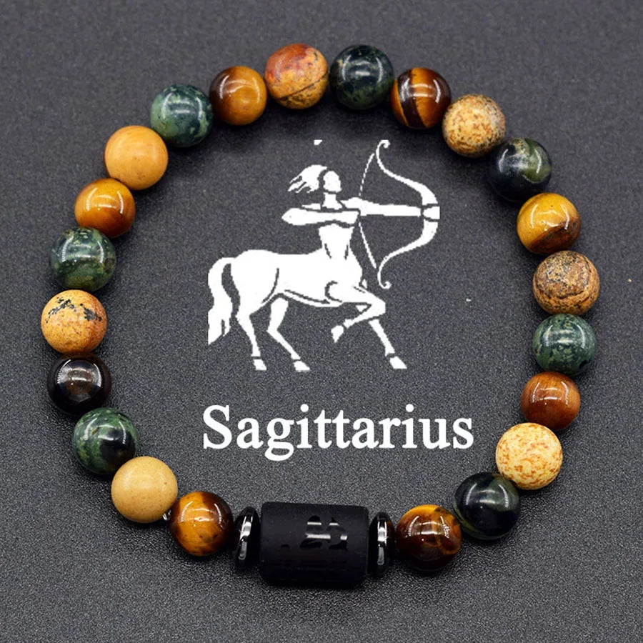 ✨ 12 Zodiac Sign Bracelet Homme – Natural Yellow Tiger Eye Stone & Hematite Constellation Bangle – Cancer, Taurus, Libra Astrology Bracelet for Women 34 Sagittarius 8 mm Beads