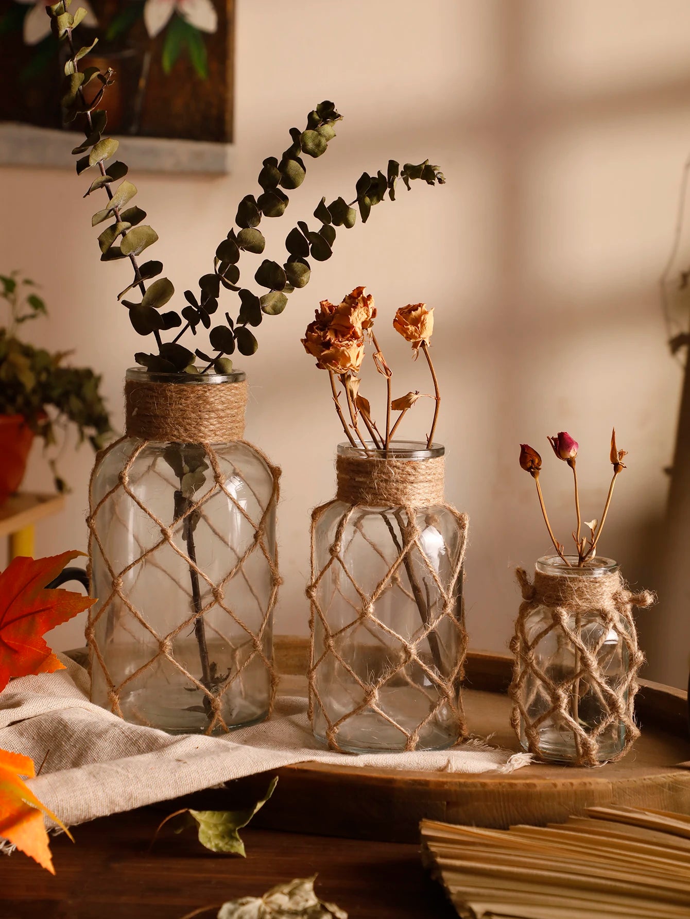 🌿Rustic Hanging Glass Vase with Hemp Rope Net – Handmade Transparent Glass Holder for Dried Flowers and Boho Home Décor