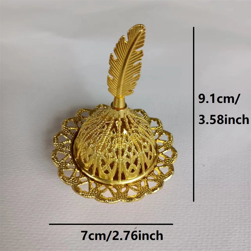 Mini Copper Lotus Incense Burner – Retro Hollow Out Design with Cap, Golden Arab Style for Aromatherapy & Spiritual Blessing Feather