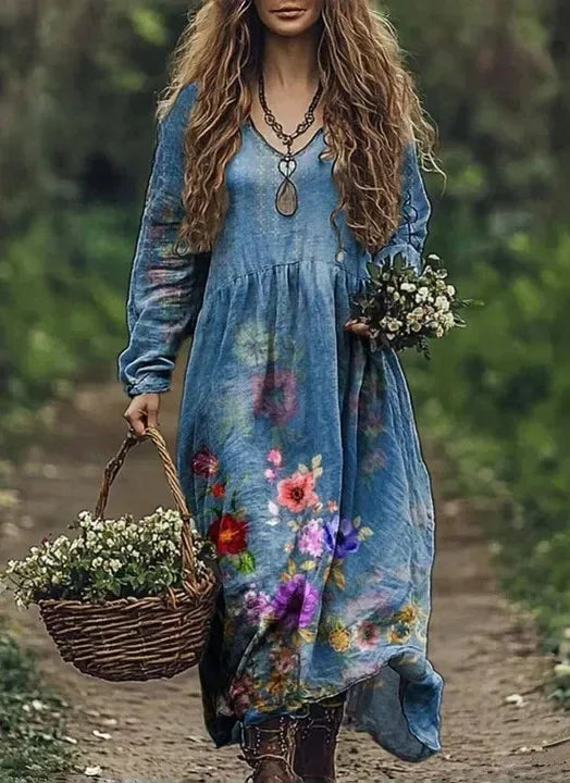 Casual Women’s Vintage Printed Dress - Long Sleeve Loose Swing Dress for Spring & Autumn