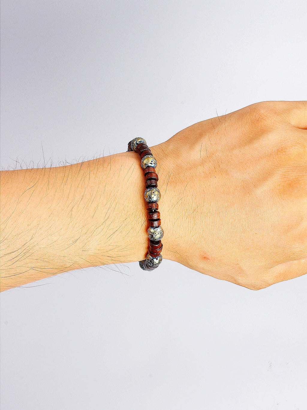 ✨ Natural Volcanic Stone Bracelet for Men – Light Blue Lava Beads & Handmade Retro Wood Beads – Vigour, Protection & Calmness Jewelry