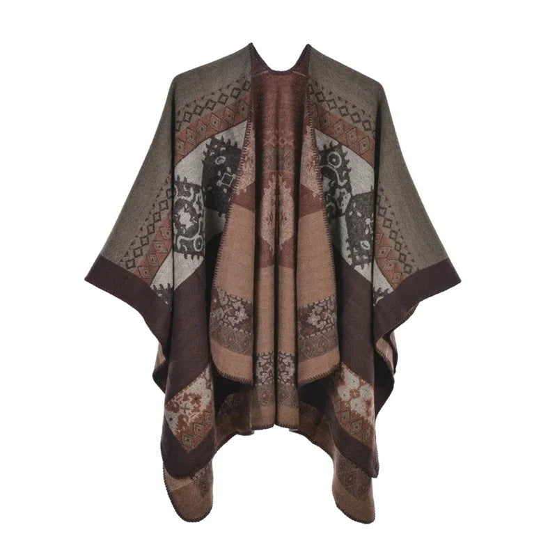 Winter Fashion Poncho Women Capes Scarf Imitation Cashmere Ladies Scarves Warm Shawls Wraps Woman Ponchos Bufanda Mujer Foulard One Size 1rhombic-coffee