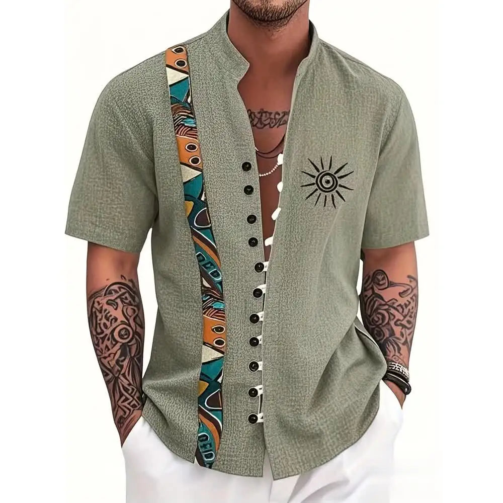 🗿 The Ethnic Totem Edition: Premium Men’s Modern-Retro Linen Shirt – High-Definition Tribal Totem Graphic Print, Breathable Organic Cotton-Linen Blend, and Sophisticated Urban-Casual Short-Sleeve bkcs3