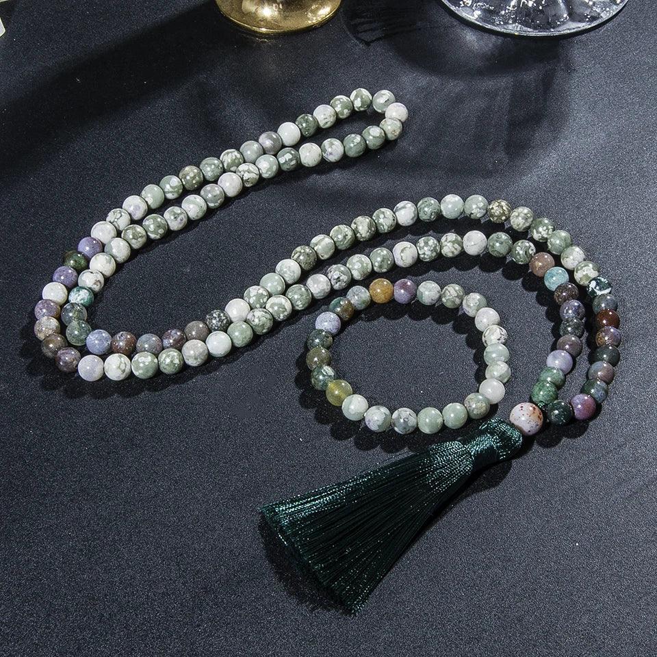 🌿 Sacred Indian Onyx 108 Mala Beads (8mm): The Stone of Strength & Memory – Healing Meditation Necklace, Yoga Prayer Rosary & Japamala Set