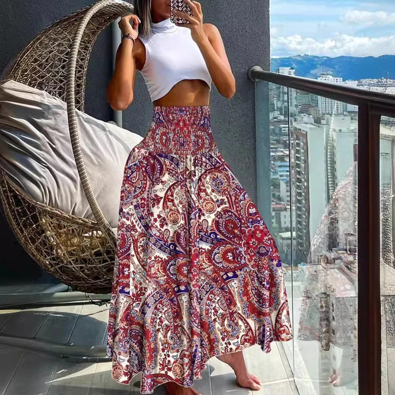 🛍️ Boho Beach Skirt – Vintage Printed Long A-Line Skirt with Elastic High Waist, Big Hem for Women’s Vacation and Spring-Summer Fashion Red