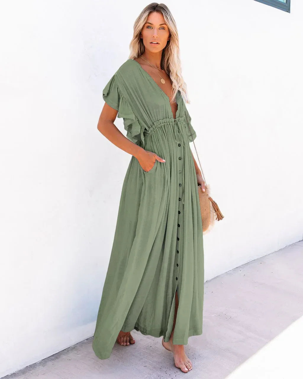 Summer Bikini Cover Ups for Women - V-Neck Kimono Beach Dresses with Lace-Up Detail and Sun Protection Features