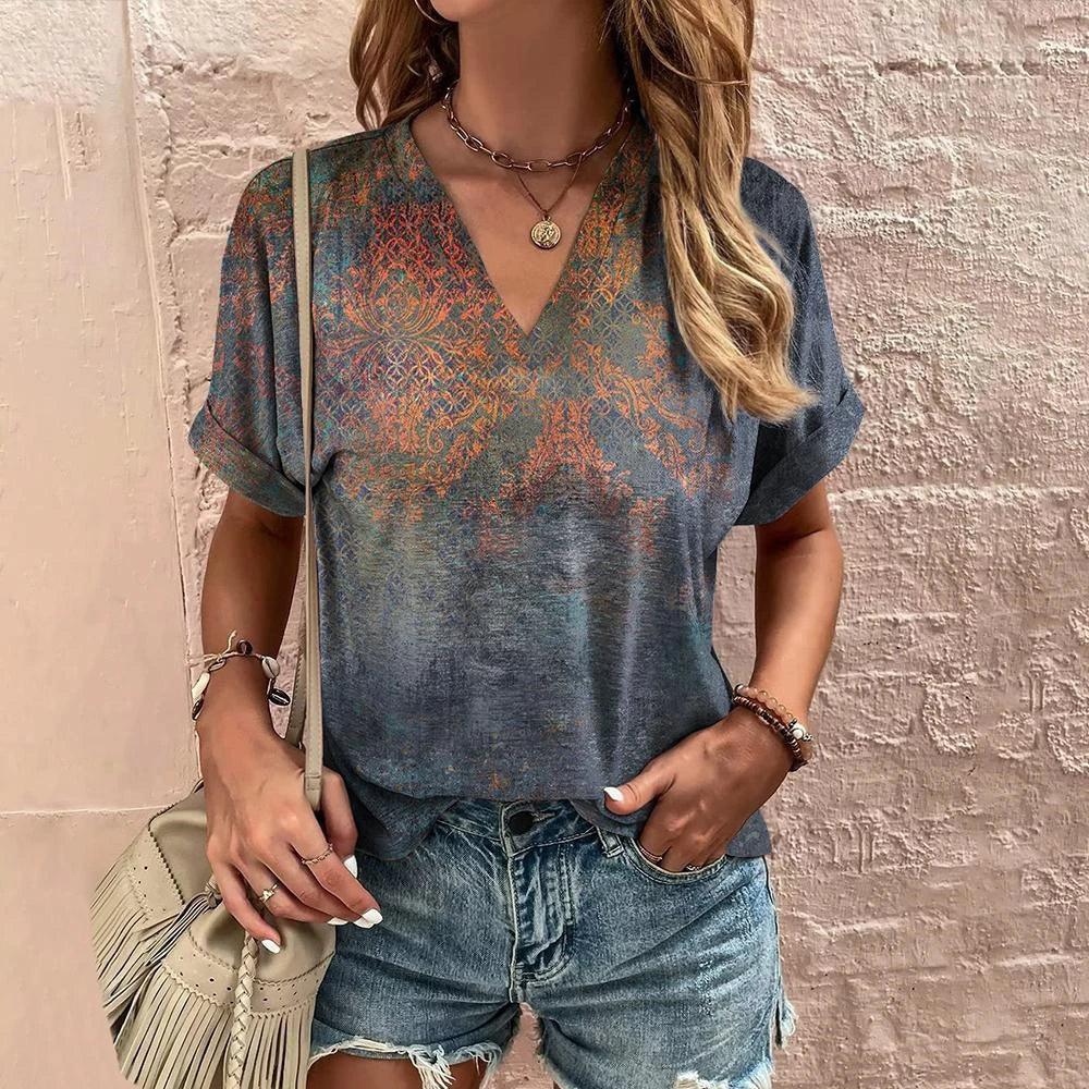 Retro Women’s Floral T-Shirt – Harajuku Style Short Sleeve V-Neck Casual Blouse S56VTX178