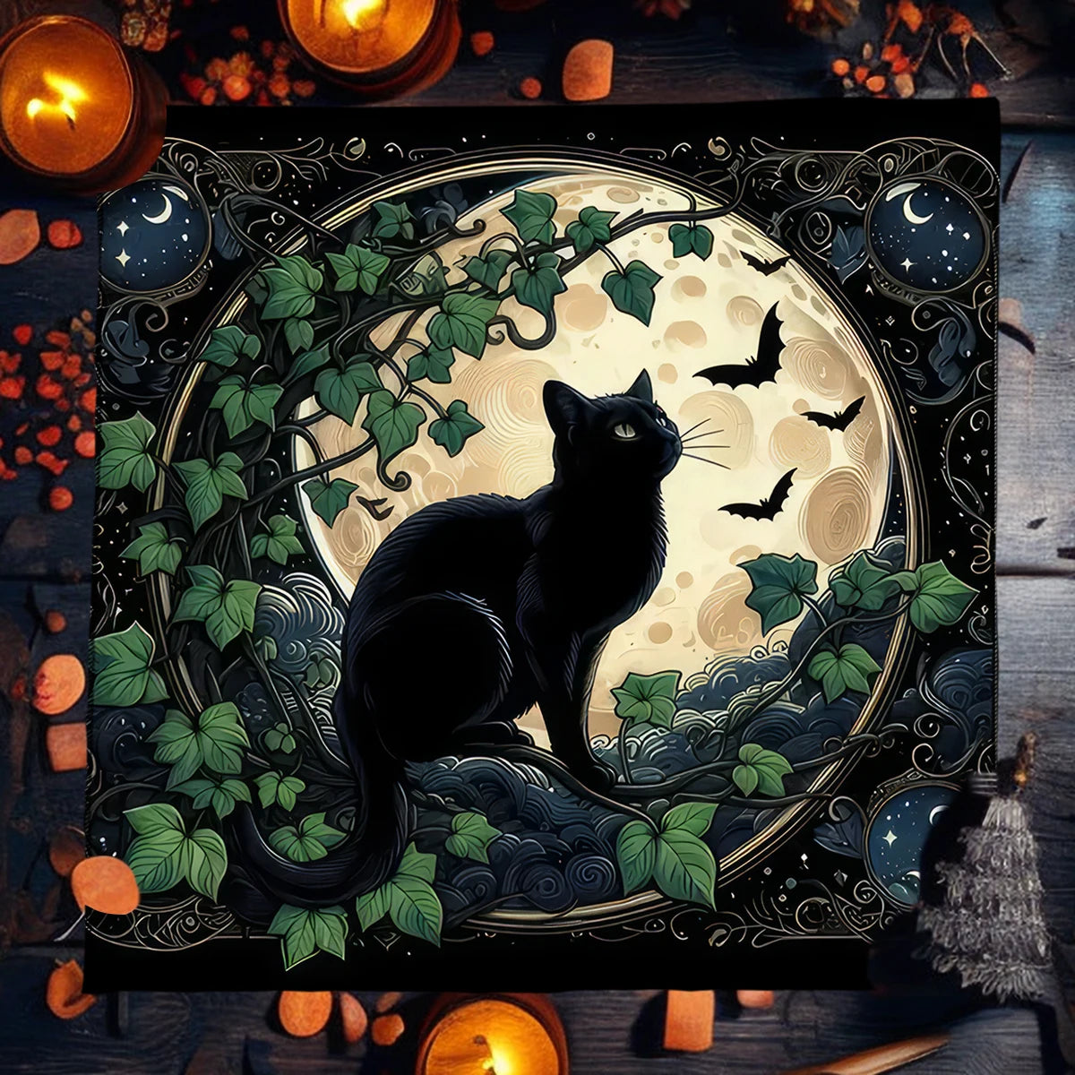 🌟Gold Witchcraft Cat Altar Cloth | Tarot Tablecloth for Spread & Reading | Starry Sky Divination Mat | Altar Decor Pad