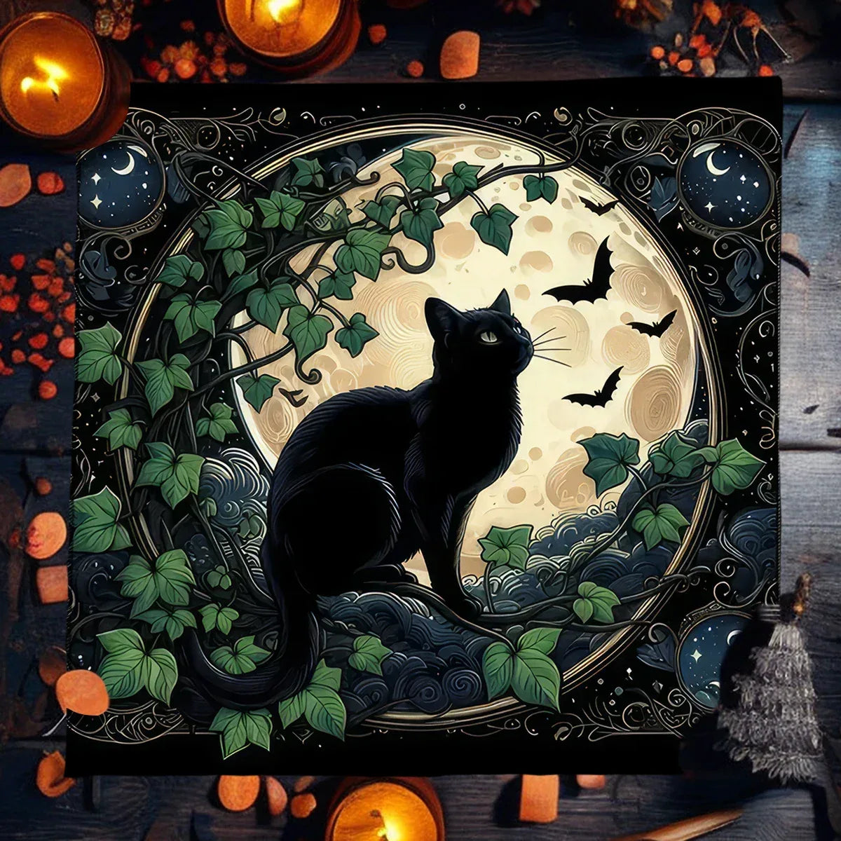 🌟Gold Witchcraft Cat Altar Cloth | Tarot Tablecloth for Spread & Reading | Starry Sky Divination Mat | Altar Decor Pad TLB (787)