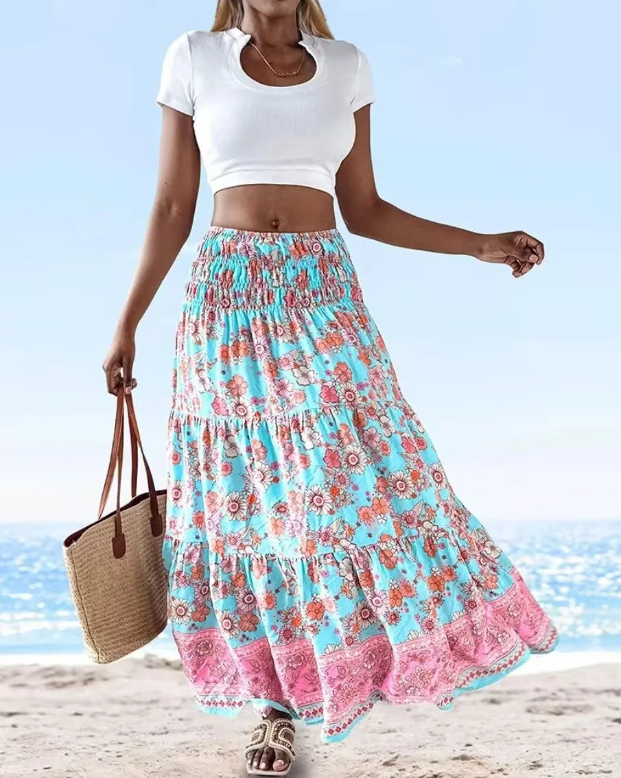 👗 Fashion Boho Printed Long Skirt – Casual Retro Vacation Style with Elastic Waist and A-line Big Hem for Women, Spring Summer New