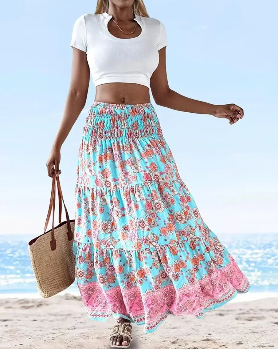 👗 Fashion Boho Printed Long Skirt – Casual Retro Vacation Style with Elastic Waist and A-line Big Hem for Women, Spring Summer New