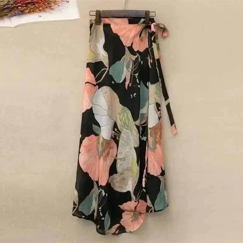 Summer Floral Maxi Skirt for Women – High Waist Wrap Design with Side Slit & Tie Detail in Long Boho Style One Size pink flower