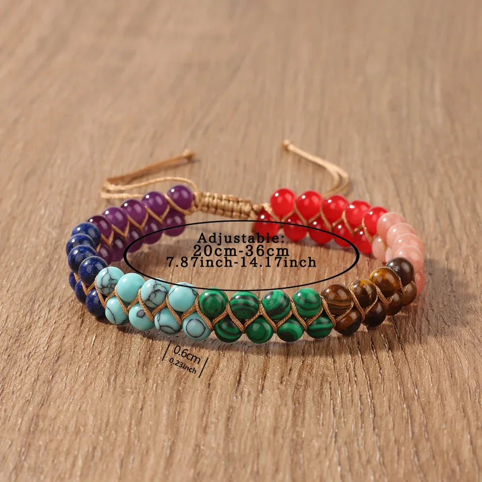 ✨ 7 Chakras Double-Layer Woven Adjustable Ankle Chain with Natural Tiger’s Eye and Colorful Beads – Boho Chic Foot Ornament for Women