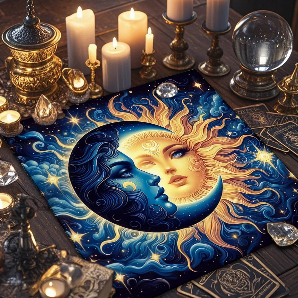 🌞🌙 Sun and Moon Tarot Card Tablecloth | Decorative Altar & Ritual Cloth | Divination & Astrological Card Game Pad