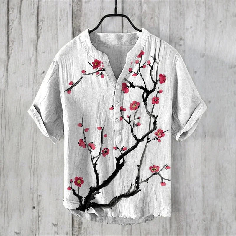 ⛩️ The Zen Crane Heritage: Premium Men’s 100% Pure Organic Linen Shirt – High-Definition Oriental Landscape Art Print, Sophisticated V-Neck Cut, and Plus Size (Up to 6XL) Luxury Casual Button-Down
