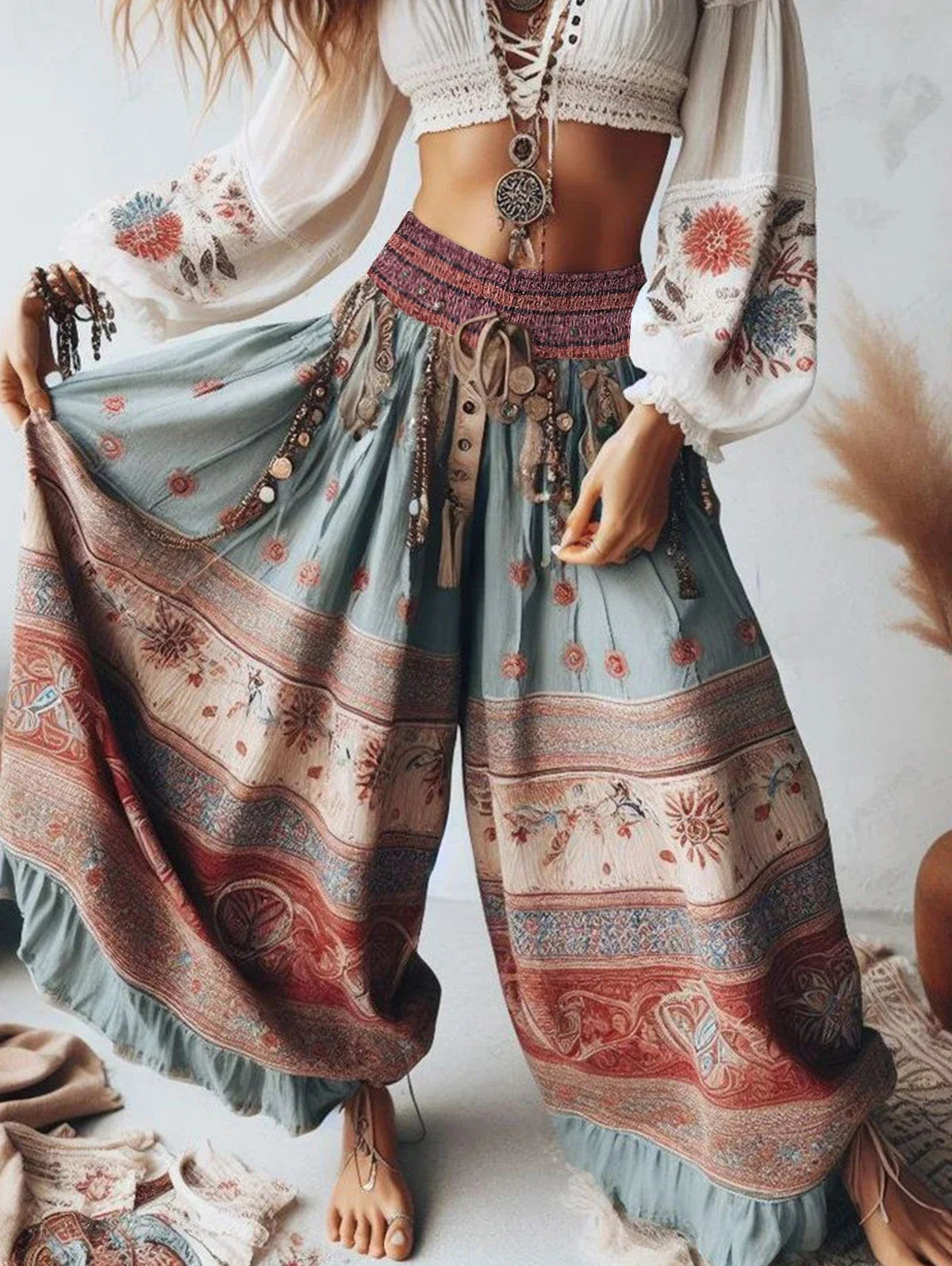 👖 Harajuku Women’s Boho Patchwork Trousers – High Waist Wide Leg Ruffle Pants with Ethnic Floral Print and Elastic Waist L