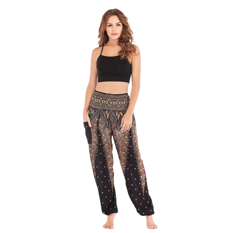 Women's Boho Yoga Pants - High Waist Floral Print Harem Leggings with Pockets for Comfort and Style