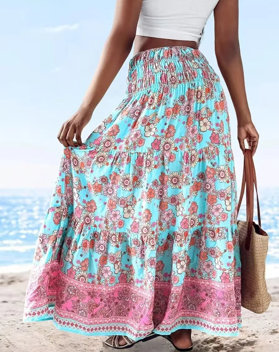 👗 Fashion Boho Printed Long Skirt – Casual Retro Vacation Style with Elastic Waist and A-line Big Hem for Women, Spring Summer New