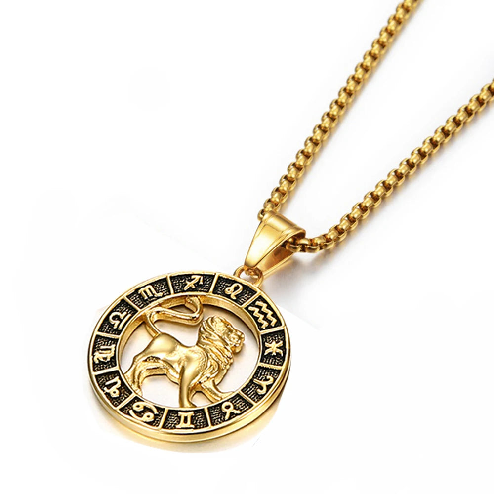 ♌♏ Zodiac Sign Leo Scorpio Pendant Necklace – Gold Color Stainless Steel Round 12 Constellation Design Unisex Astrology Jewelry Stylish Gift for Women and Men