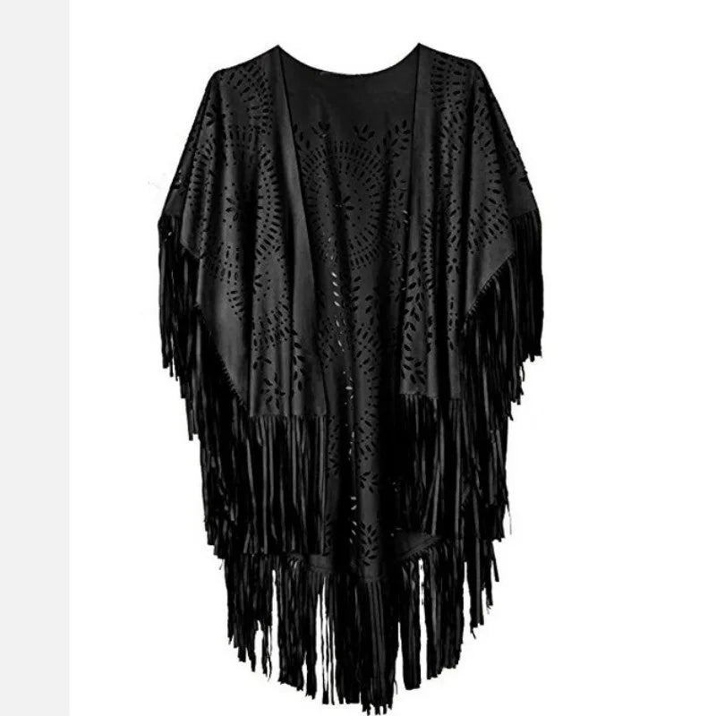 Camel Suede Floral Hollow Out Fringe Tassel Shawl Women Vintage Capes Ponchos Autumn Bohemian cardigan Cloak Boho Capes One Size 4