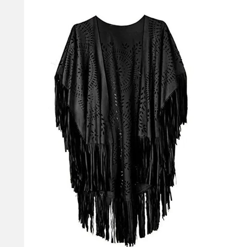 Camel Suede Fringe Shawl - Vintage Bohemian Floral Hollow Out Poncho Cape for Autumn One Size 4
