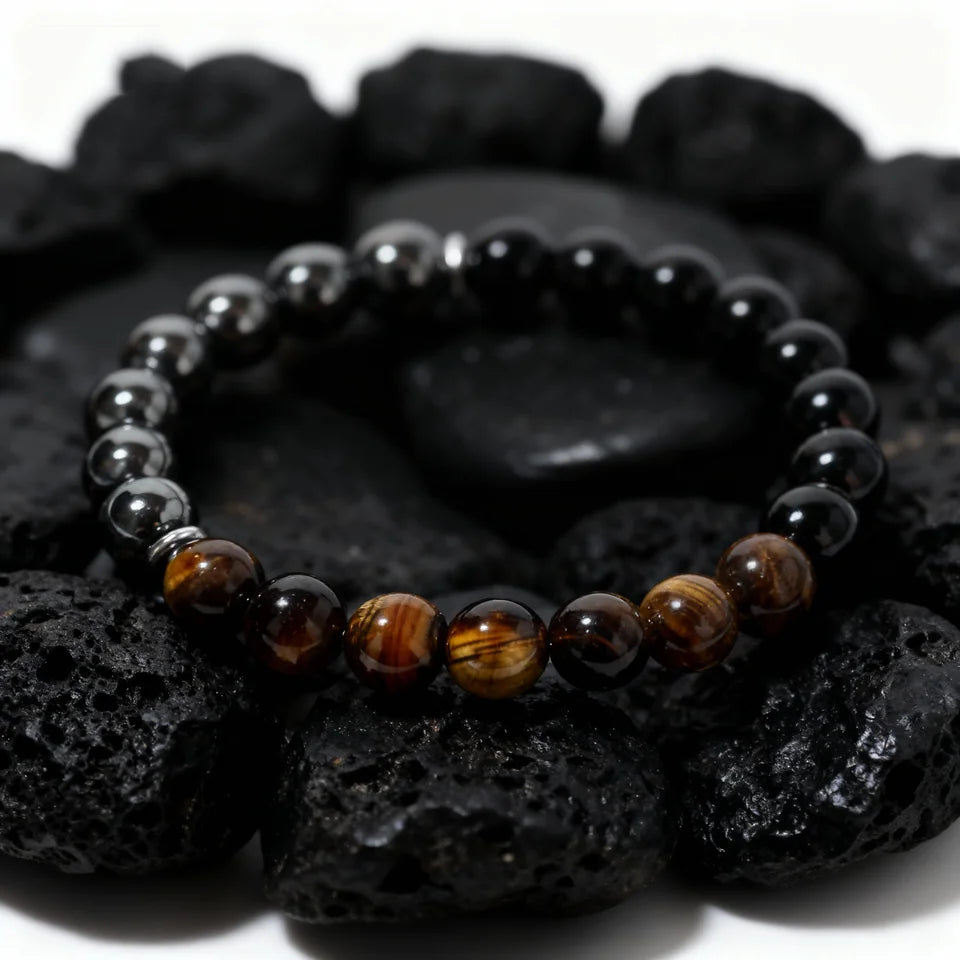 ✨ Classy Autumn & Winter Jewelry – Blue & Yellow Hematite Tiger’s Eye Bracelet – Unique Natural Stone Accessory for Family Banquets