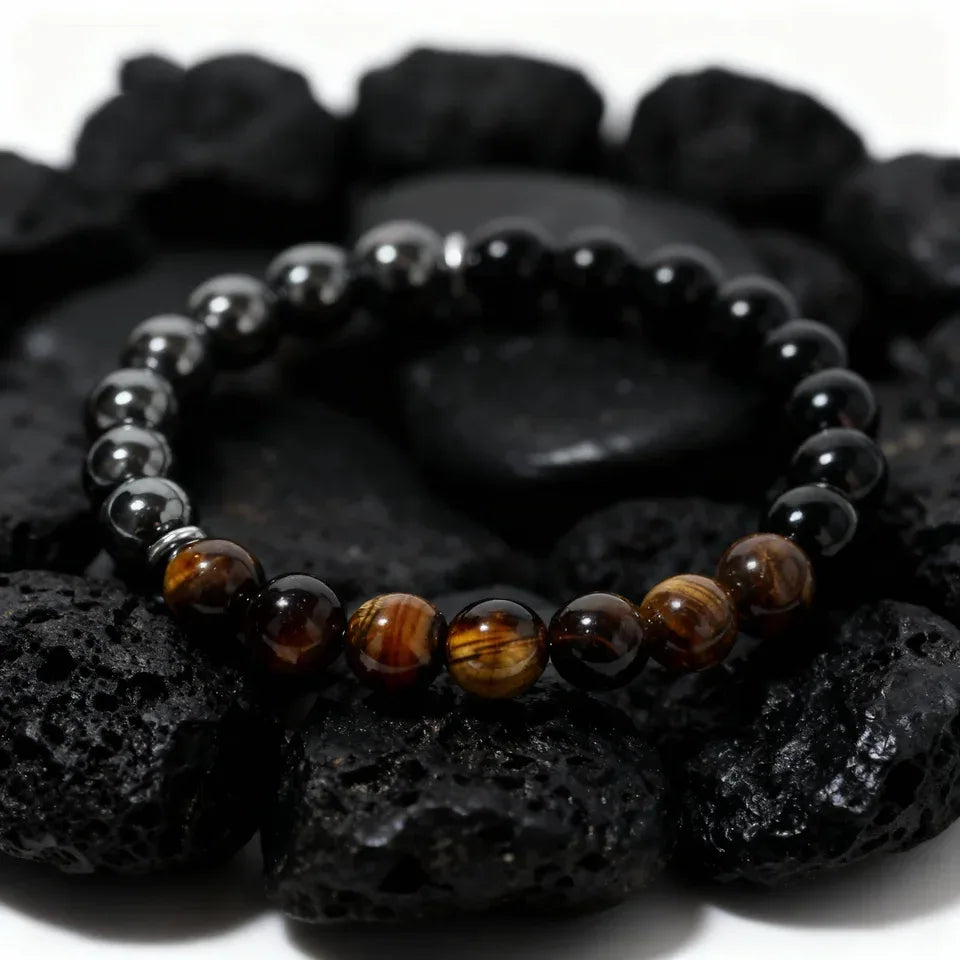 ✨ Classy Autumn & Winter Jewelry – Blue & Yellow Hematite Tiger’s Eye Bracelet – Unique Natural Stone Accessory for Family Banquets