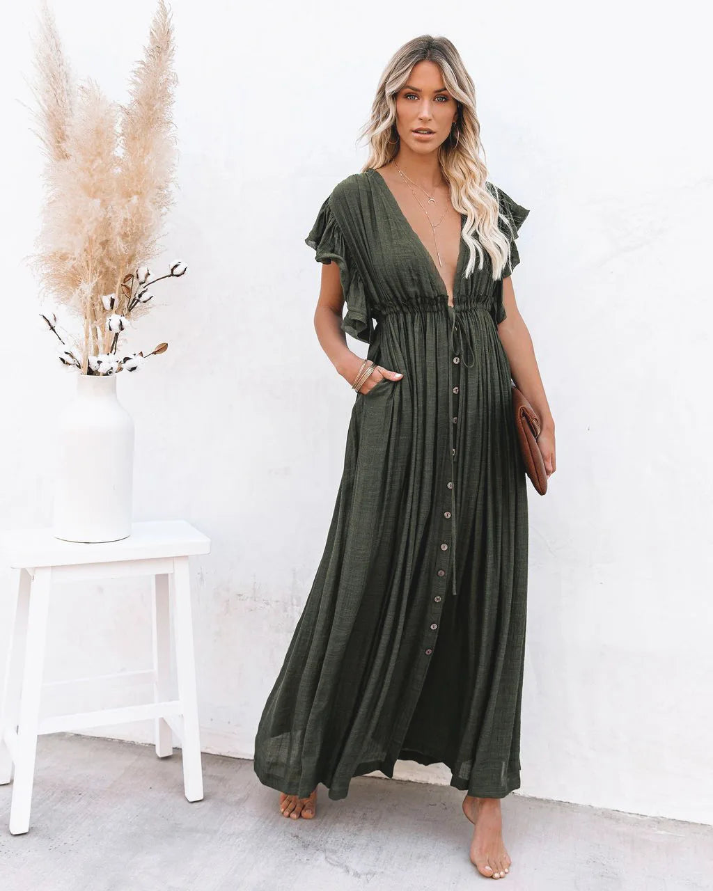 2024 Summer Long Bikini Cover Ups for Women Solid V-Neck Kimono Beach Dresses Lace Up Anti-Sun Swim Dress Bohemian Sarong Skirt