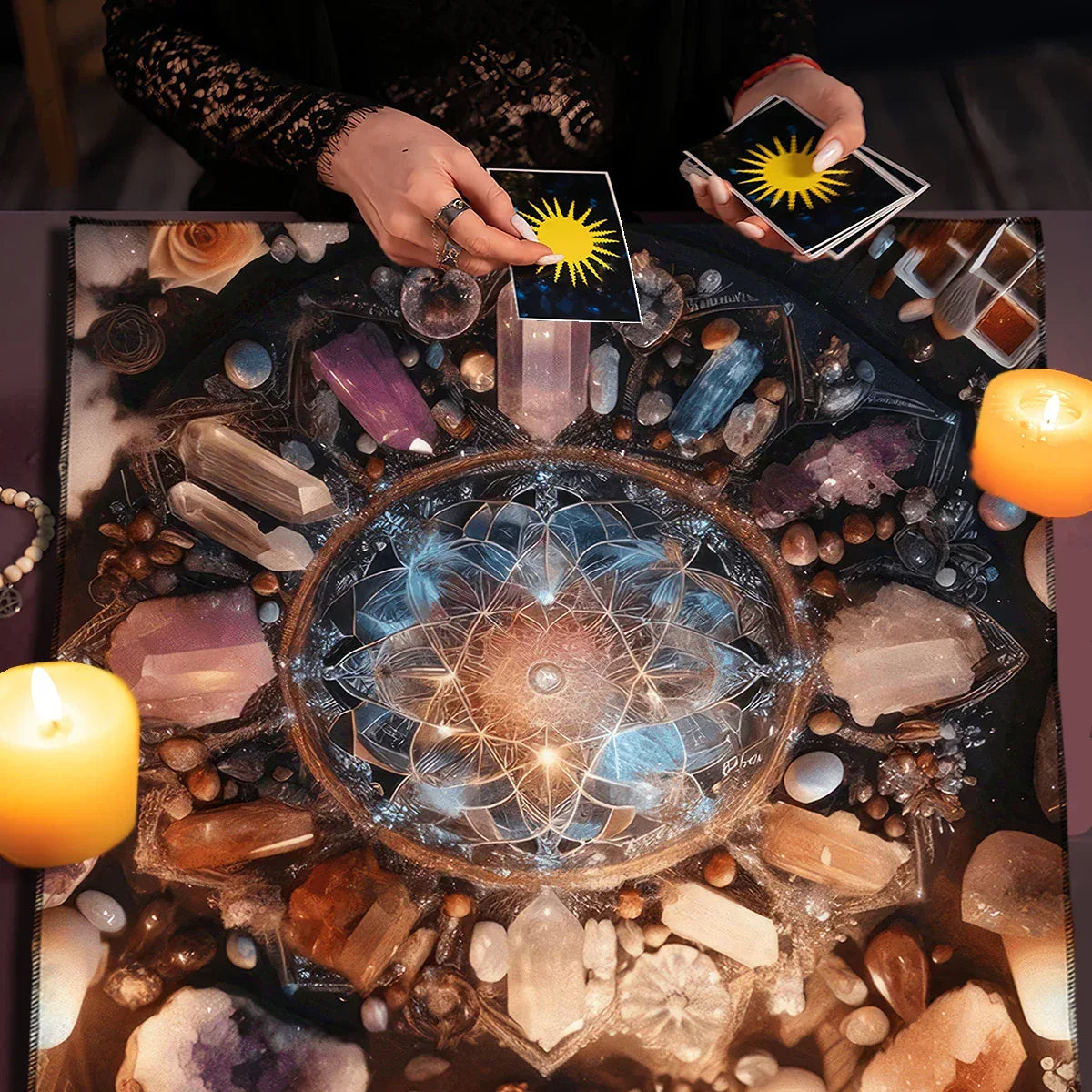 🌸 Sacred Flower Of Life Tarot Tablecloth – 100% Polyester with Geometric Spiritual Design for Divination and Rituals