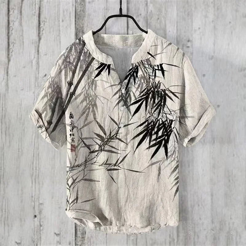 ⛩️ The Zen Crane Heritage: Premium Men’s 100% Pure Organic Linen Shirt – High-Definition Oriental Landscape Art Print, Sophisticated V-Neck Cut, and Plus Size (Up to 6XL) Luxury Casual Button-Down