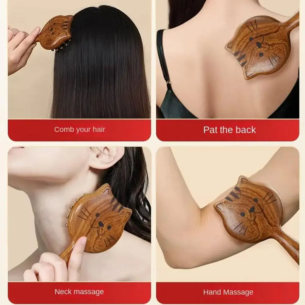 Sandalwood Scalp Massage Comb – Cat Shape Wooden Wide Tooth Guasha Scraping Comb for Hair and Body Massage﻿