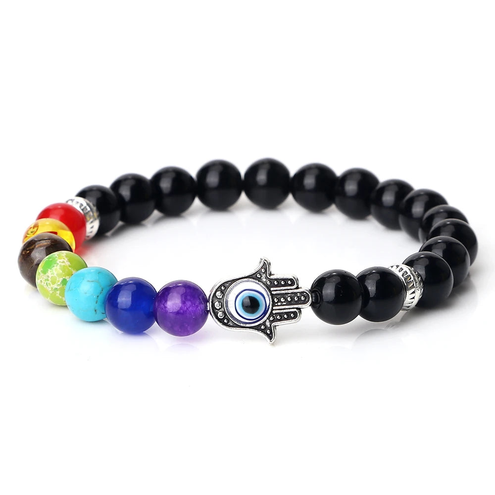 🧿 7 Chakra Protection Bracelet for Men: Natural Tiger Eye & Lava Stone with Evil Eye & Hamsa Hand – Anxiety Relief, Luck & Energy Healing Bangle Shiny Black