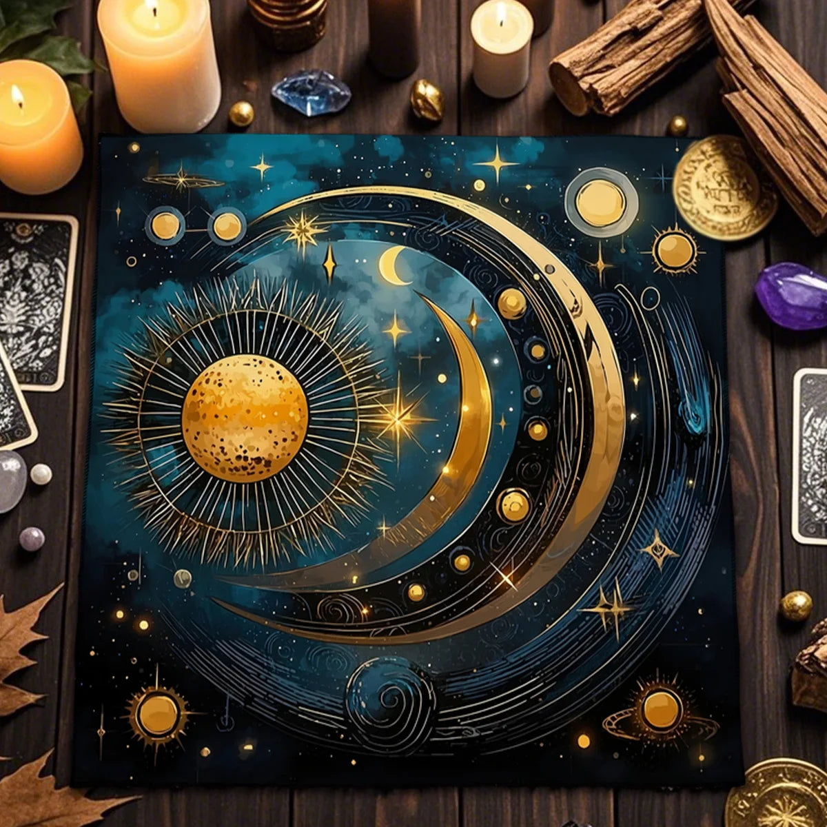 🌞🌙 Sun and Moon Tarot Card Tablecloth | Decorative Altar & Ritual Cloth | Divination & Astrological Card Game Pad
