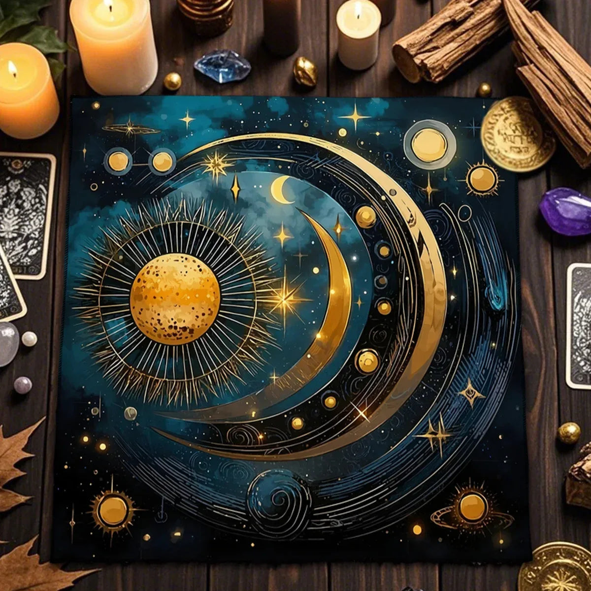🌞🌙 Sun and Moon Tarot Card Tablecloth | Decorative Altar & Ritual Cloth | Divination & Astrological Card Game Pad TLB (854)