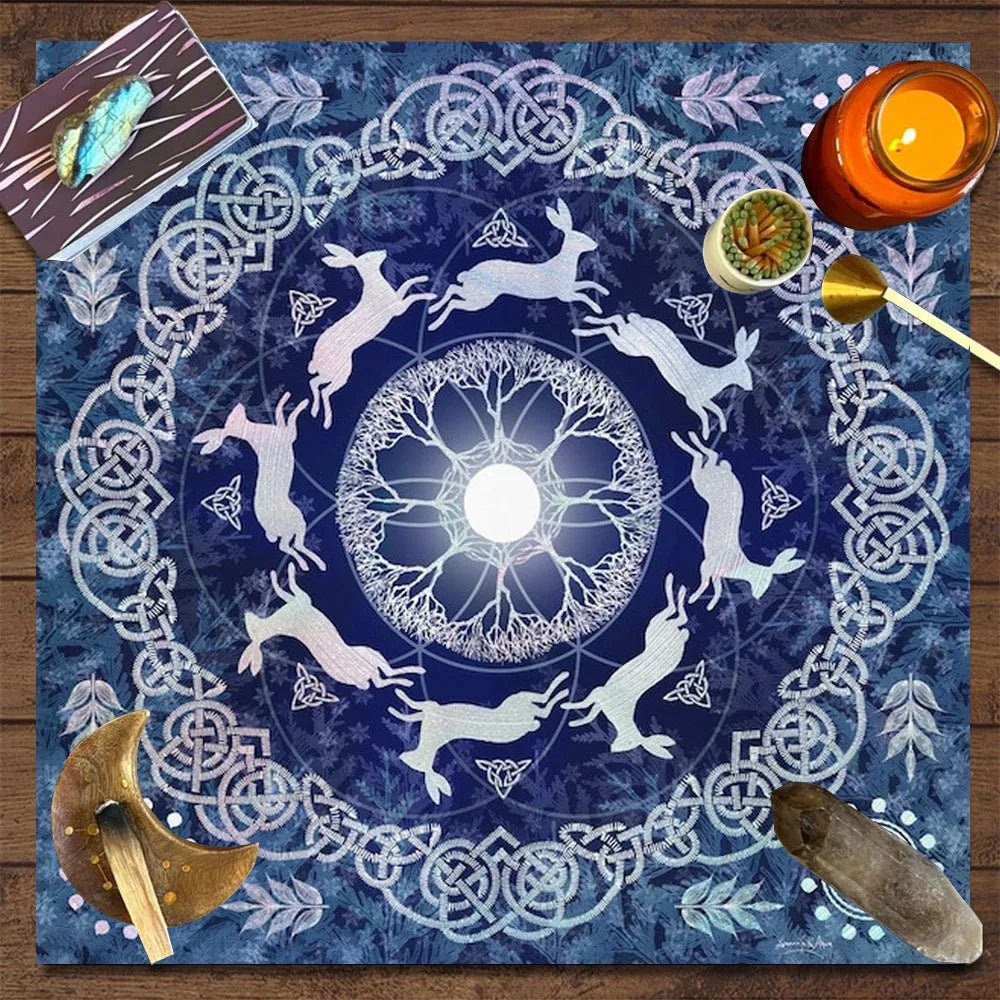 🃏 VIKAMA Celtic Secret Realm Tablecloth – Tree of Life, Moon Rabbit & Elf Altar Cloth for Meditation Rooms, Esoteric Altars & Mystic Home Decor 90X90CM(3X3FT