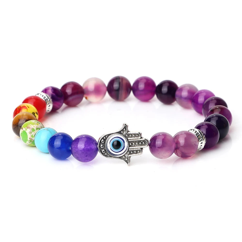 🧿 7 Chakra Protection Bracelet for Men: Natural Tiger Eye & Lava Stone with Evil Eye & Hamsa Hand – Anxiety Relief, Luck & Energy Healing Bangle Purple Agate