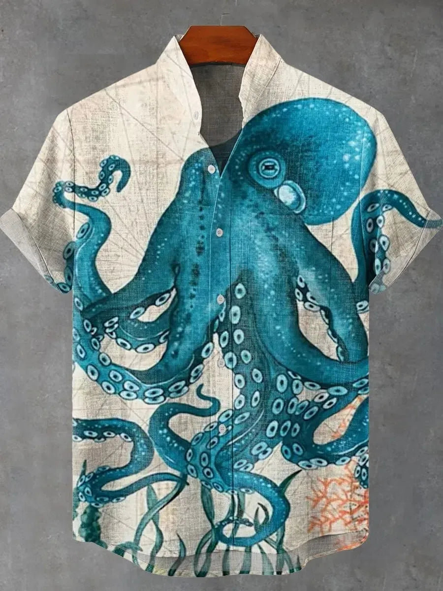 🐙 The Abyssal Kraken Art Edition: Premium Men’s Organic Linen Shirt – High-Definition Deep Sea Giant Octopus Print, Breathable Short-Sleeve Casual Button-Down, and Sophisticated Nautical Graphic Top SFQQQD264