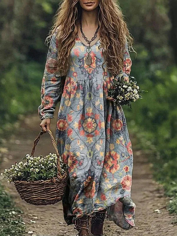 🛍️ Casual Women’s Vintage Printed Dress – V-Neck, Long Sleeves, Loose Large Swing Dress for Spring & Autumn