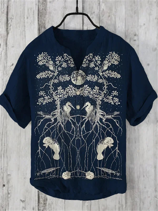 🌊 The Euro-Wave Heritage: Premium Men’s Summer Shirt – High-Definition Euro-American Wave Graphic Print, Modern Mandarin Standing Collar, and Sophisticated Urban-Resort Short-Sleeve Button-Down