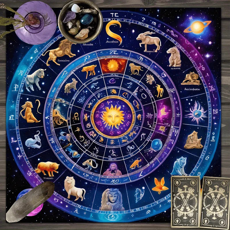 🃏 VIKAMA Astrological Magic Tablecloth – Glowing Sun & Twelve Zodiac Signs Round Altar Cloth for Tarot Readings, Astrology Rituals & Mystic Home Decor