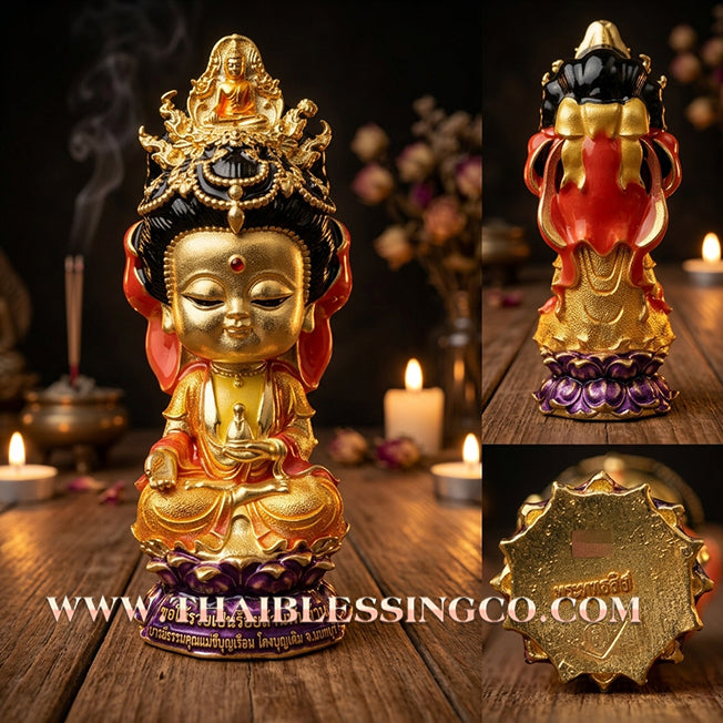 🪷 Sacred "Chao Mae Kuan Im Noi Roy Lan": Authentic Gold-Plated Enamel Victory Bronze Goddess of Compassion for Infinite Wealth by Phra Arjan Amnat (2023)