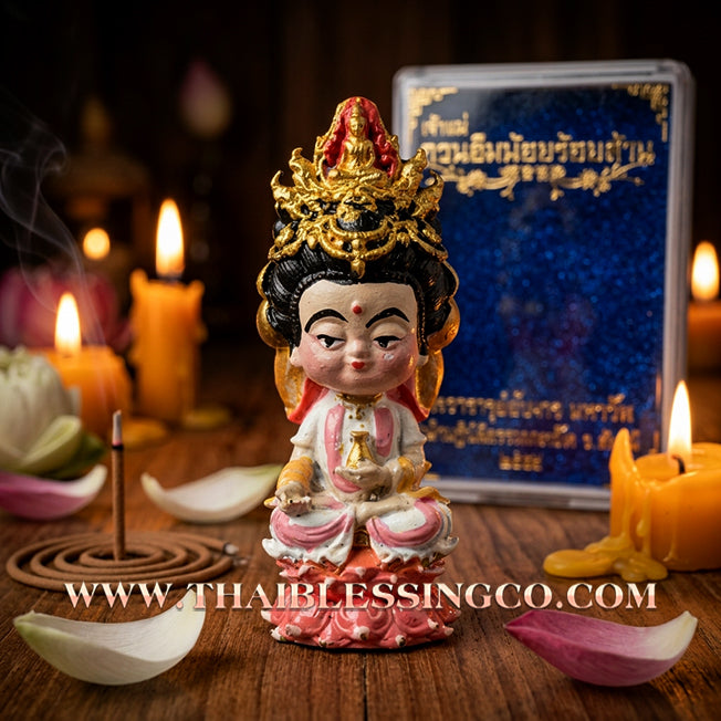 🪷 Sacred "Chao Mae Kuan Im Noi Roy Lan": Authentic Hand-Painted Victory Bronze Goddess of Compassion for Infinite Wealth by Phra Arjan Amnat (2023)