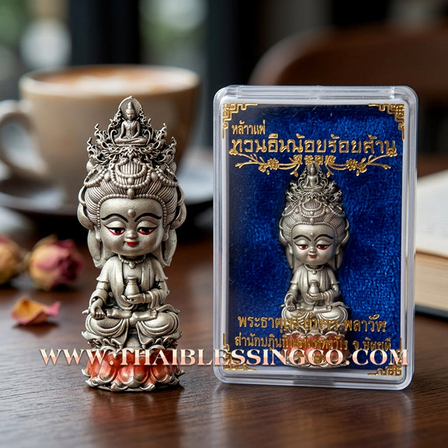 🪷 Sacred "Chao Mae Kuan Im Noi Roy Lan": Authentic Silver Satin-Plated Victory Bronze Goddess of Compassion for Infinite Wealth by Phra Arjan Amnat (2023)
